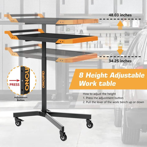 Adjustable Height Mobile Work Table With Rolling Tool Cart And Drills Storage, Heavy Duty Metal Mechanic Workbench On Wheels For Garage, Workshop, And Bike Repair, Orange And Black, showing height adjustment mechanism and dimensions