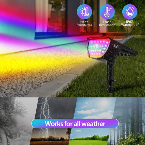 Solar Color Changing RGB Landscape Spotlights 7 Modes IP67 Waterproof Outdoor Lighting For Garden Yard Driveway Lawn Patio Pathway 4 Pack All Weather Ready Durable Solar Powered Accent Lights showcasing color change and weather resistance features