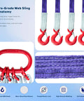 Beefed Up Heavy Duty 10Ft Polyester Lifting Sling with G80 Hooks and Rings, 4 Ton Capacity, shown with red G80 hooks and ring