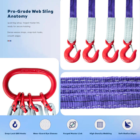 Beefed Up Heavy Duty 10Ft Polyester Lifting Sling with G80 Hooks and Rings, 4 Ton Capacity, shown with red G80 hooks and ring
