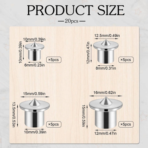 Dowel And Tenon Transfer Plugs Set For Woodworking 20 Pcs showing product sizes 1/4", 5/16", 3/8", 1/2" on wooden background