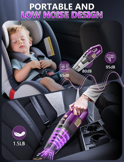 Cordless Handheld Vacuum With 15000Pa Suction, Rechargeable, Lightweight Design shown cleaning car seat with low noise design