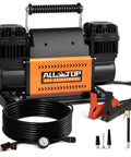 Heavy Duty 12V Dual Cylinder Portable Air Compressor Kit with accessories for trucks, off-road 4x4, and RV tires, 150 PSI max