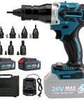 Cordless Brushless Rivet Gun And Nut Tool Kit with batteries, charger, and heads for DIY, auto shop projects; no cord required.