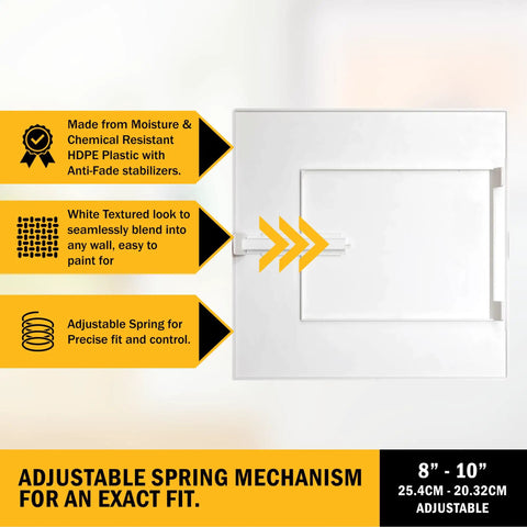 Adjustable Access Panel 10x10 that fits like a dream for walls and ceilings with anti-fade HDPE plastic and adjustable spring.