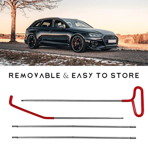 Long Reach Car Tool Kit With 67 Inch Adjustable Puller Hook, Stainless Steel Emergency Auto Repair Multi Tool, next to a black car.