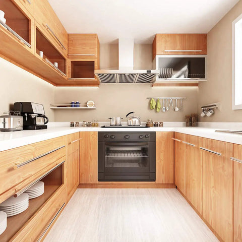 Modern kitchen with natural wood peel and stick contact paper for countertops and cabinets, waterproof self adhesive shelf liner.