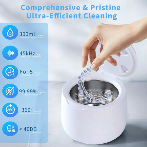 Ultrasonic Retainer Cleaner For Aligners And Mouth Guards, 45KHz Deep Cleaning, 360 Degree Coverage, 300ml Capacity, Two Modes in use