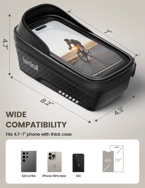 Waterproof Bike Frame Bag With 2 In 1 Phone Mount Top Tube Pouch For Cycling, fits phones 4.7-7 inches, shown with phone inside