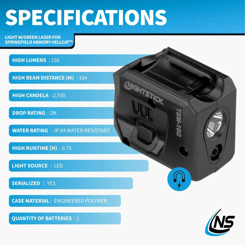 150 Lumen Rechargeable Tactical Light With Green Laser Sight For Springfield Hellcat Pistols IPX4 Water Resistant