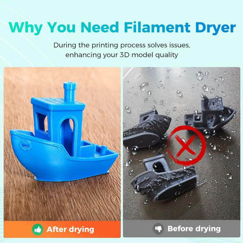 Comparison of a 3D printed boat before and after using Space Pi Filament Dryer All In One 3D Printer Filament Dry Box With 110W PTC Heaters And LCD Touch Screen No Fuss Setup For Fast 360 Degree Hot Air Drying And Easy Filament Storage