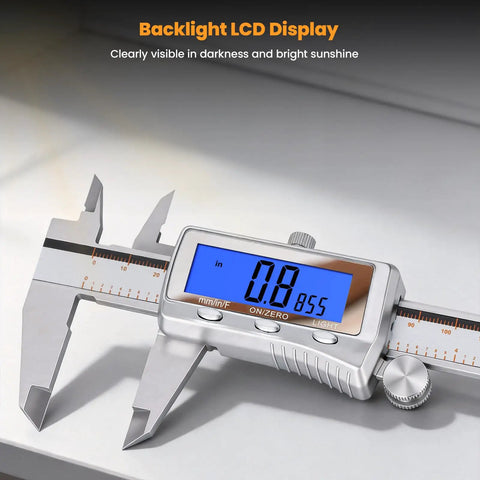Beefy Rechargeable Digital Caliper With Backlit LCD All Metal Measuring Tool Auto Off Inch mm Fraction 6 Inch on white background