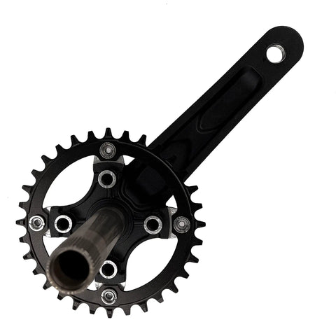 Top view of black 170mm crankset with 104 BCD single speed narrow wide chainring for MTB, BMX, road bikes, alloy 6061 arm set.