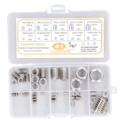 41 Piece Stainless Steel Thread Repair Insert Kit M2 To M14 With Storage Box displayed with various thread inserts visible.
