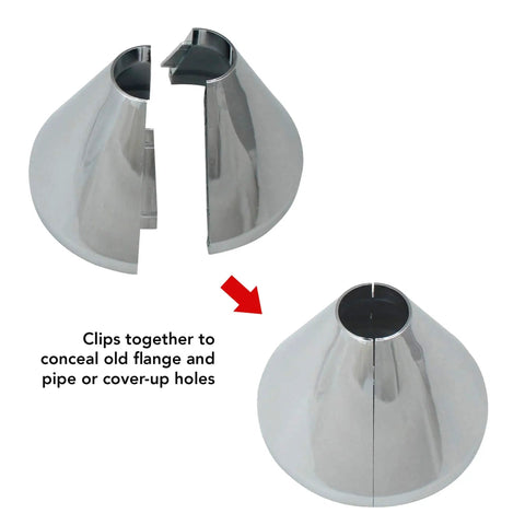K857-20 Clip On Deep Flange Cover For One Half Inch Pipe In Chrome Finish, Easy Install, No Flange Removal, Two Part Clip On Design