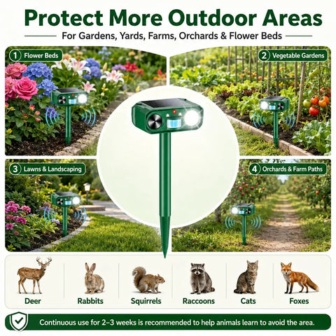 Solar Ultrasonic Deer Repellent With Motion Sensor and Flash Light for Outdoor Garden Yard Protects Flowers Vegetables and Plants From Deer Cats and Rabbits in gardens and orchards