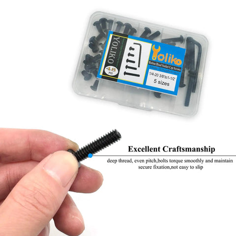 Built Tough 48 Piece Button Head Socket Cap Screw Kit With Five Sizes Plus Rugged Hex Key Black Oxide Treated 10.9 Grade Fully Threaded Bolts in hand