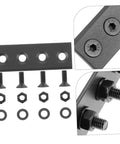 Black Metal Barn Door Track Connector Set For Sliding Barn Door Hardware with flat repair plates, bolts, and brackets displayed