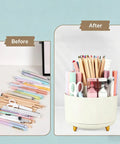 Before and after of desk setup using 360 Degree Rotating Pen Holder With Five Slots, your go-to organizer for pens and supplies.