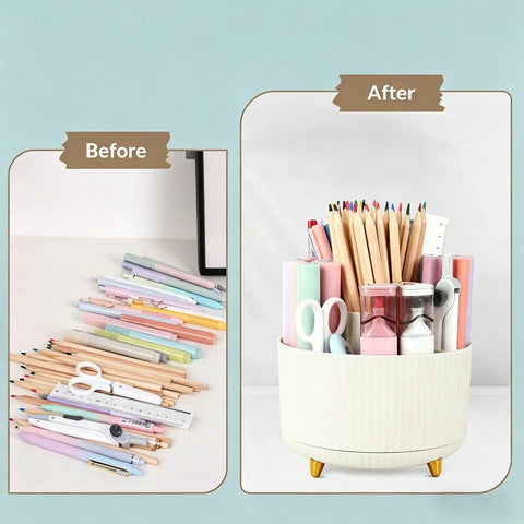 Before and after of desk setup using 360 Degree Rotating Pen Holder With Five Slots, your go-to organizer for pens and supplies.