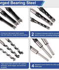 6-piece square-hole mortise drill bit set in bearing steel for mortise and tenon machines; sizes 1/4 to 5/8 in.