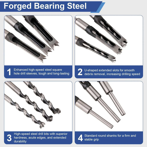 6-piece square-hole mortise drill bit set in bearing steel for mortise and tenon machines; sizes 1/4 to 5/8 in.