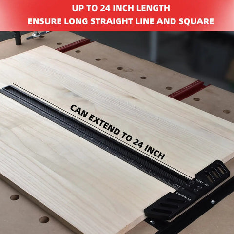Heavy Duty 24 Inch Aluminum T Square Ruler Boss Grade Woodworking Layout Tool on a wood surface ensuring a straight edge for carpentry.