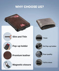 Comparison of Slim RFID Blocking Leather Tactical Wallet For Men With Pop Up Card Case And Front Pocket Money Clip, ID Window, 8 To 13 Card Capacity, Minimalist Card Holder, Carry Light On The Go, Brown against a traditional wallet, highlighting features like slim design, pop-up holder, and magnetic closure.