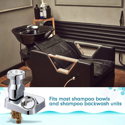 Salon setup with shampoo bowl and Shampoo Bowl Vacuum Breaker Kit for Salon Sinks, 7 piece stainless steel and chromium plated set.
