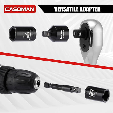 Versatile adapters from 30 Piece One Quarter Inch Drive Magnetic Shallow Impact Socket Set, Pro-Grade 6-Point CR-MO Steel Construction.