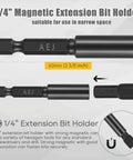 AEJ 1/4-inch magnetic extension bit holder, black, 60mm long, 1/4 hex shank, S2 steel.