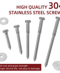 Assorted Heavy Duty Wood Lag Screws Set 304 Stainless Steel 3/8 Inch By 3 Inch Hex Head Bolts and Washers displayed