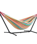 Double Cotton Hammock With Space Saving Steel Stand And Upgraded Polyester End Strings 450 Lb Capacity Premium Carry Bag Included Made From USA Grown Cotton Spacious 63 By 94 Inch Bed For Two Easy Setup And Portable Salsa Color on steel stand