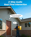 2K Wireless Outdoor Security Camera System With Solar Panel And Battery Power at a front door showing 2-way audio interaction