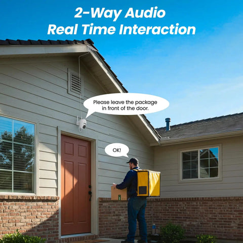 2K Wireless Outdoor Security Camera System With Solar Panel And Battery Power at a front door showing 2-way audio interaction