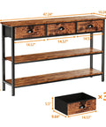 Heavy Duty 47 Inch Console Table With Upgraded Fabric Drawers And Spacious Three Tier Open Shelving in Rustic Brown, dimensions shown.