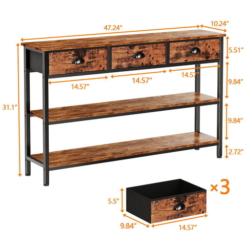 Heavy Duty 47 Inch Console Table With Upgraded Fabric Drawers And Spacious Three Tier Open Shelving in Rustic Brown, dimensions shown.