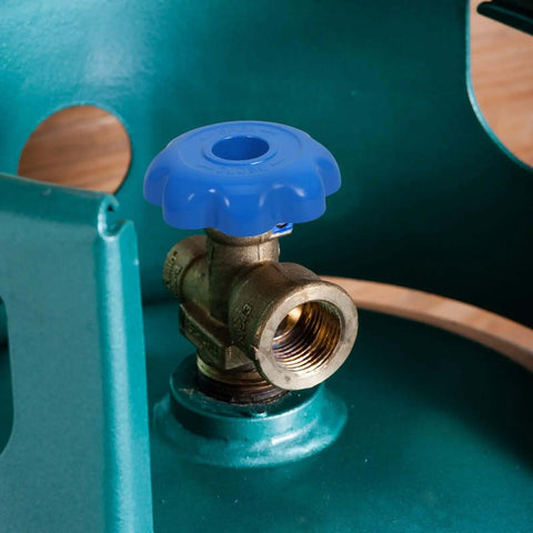 Blue handle of the 4 Piece Aluminum Alloy Gas Cylinder Valve Handles Hexagonal Hand Wheels With Non Slip Grip And Rugged Build For Industrial And Lab Use Replacement Cylinder Control Knobs.