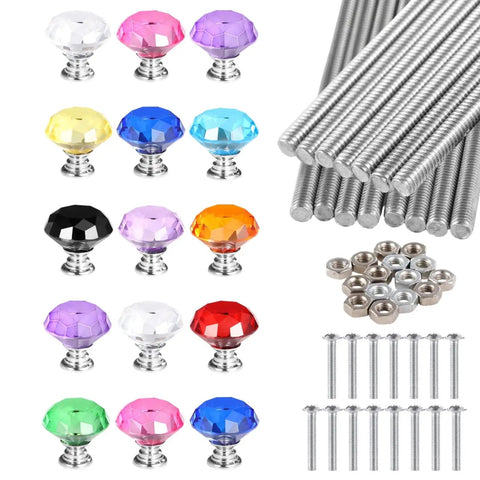 Multicolor rhinestone heads, threaded rods, nuts, and screws from 60-Piece Threaded Rod Kit With 8-32 Inch Metal Rods Nuts Screws And Rhinestone Heads For DIY Garden Decor And Party Projects Weatherproof Craft Supplies For Creative Crafters