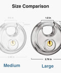 Size comparison of Stainless Steel Discus Padlock With Three Eighths Inch Hardened Shackle For Sheds, Garages, Fences And Storage Units, 70mm body