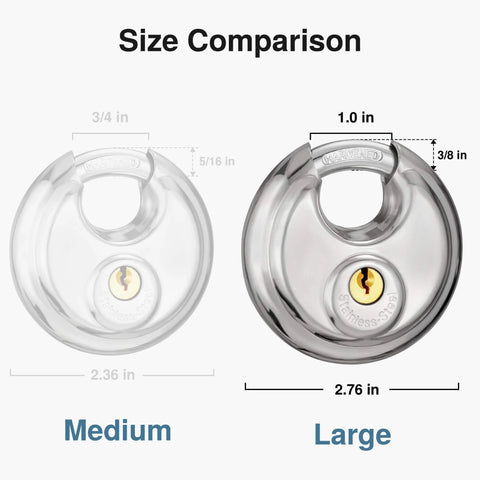 Size comparison of Stainless Steel Discus Padlock With Three Eighths Inch Hardened Shackle For Sheds, Garages, Fences And Storage Units, 70mm body