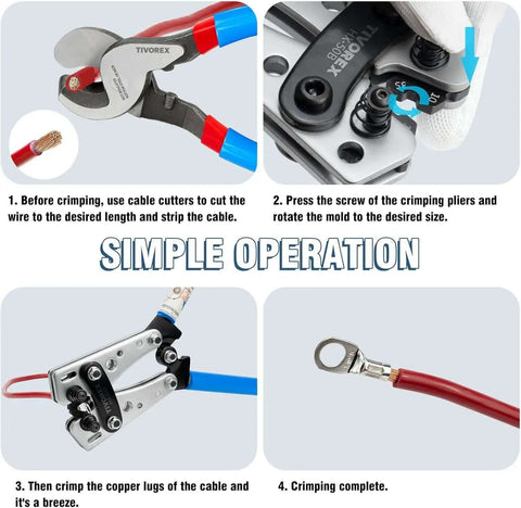 Step-by-step use of Pro Grade Battery Cable Lug Crimping Tool Kit For AWG Ten To One Zero Wires with cable cutters and ring terminals