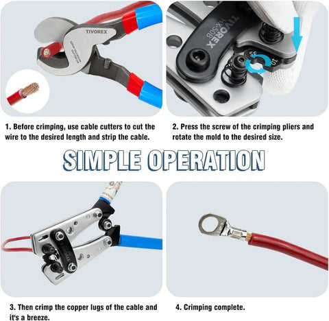 Battery Cable Lug Crimping Tool Kit For AWG 10 To 1/0 with ring terminals and heat shrink tubing in use