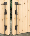 Tough As Nails 18 Inch Heavy Duty Cane Bolt Drop Rod Ground Latch For Wood Metal Vinyl Fence Gates Or Double Doors Rust Proof Steel Security Hardware Black Finish 2 Pack mounted on wooden gates.