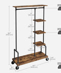 Smooth Rolling 5 Tier Clothes Rack With Industrial Pipe Frame And Rustic Brown Shelves For Organizing Wardrobe Essentials and Flexing Your Daily Fits At Home, dimensions and design layout.