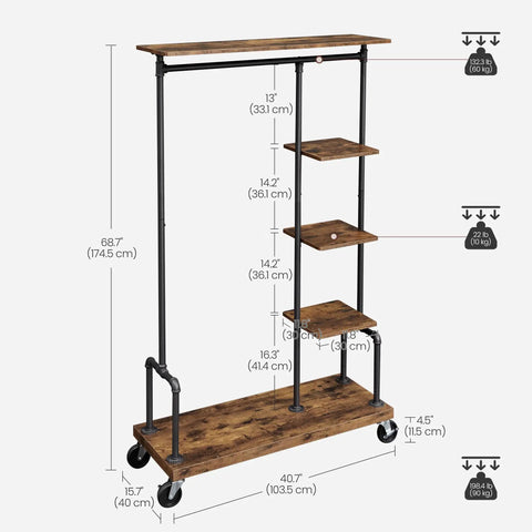 Smooth Rolling 5 Tier Clothes Rack With Industrial Pipe Frame And Rustic Brown Shelves For Organizing Wardrobe Essentials and Flexing Your Daily Fits At Home, dimensions and design layout.