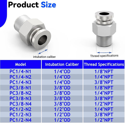 Push-to-connect pneumatic fittings, 6-pack, 304 stainless steel, 1/4 in OD to 1/4 in NPT straight