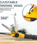 Rock Solid Air Belt Sander And Pneumatic Angle Grinder Featuring adjustable grinding head shown at 360 degrees, ergonomic grip.