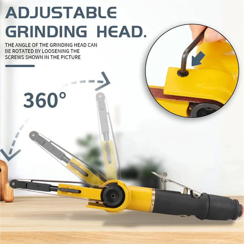 Rock Solid Air Belt Sander And Pneumatic Angle Grinder Featuring adjustable grinding head shown at 360 degrees, ergonomic grip.