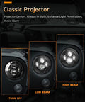 7 Inch LED Headlights Hi Low Beam 6000K Round Replacement for Jeep Wrangler showing projector lens, turn off, low, high beam modes